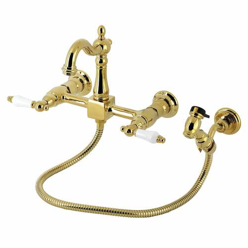 Kingston Brass KS2442PLBS Heritage Double-Handle Wall-Mount Kitchen Faucet with Brass Sprayer