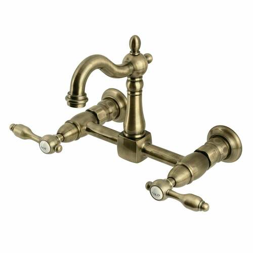 Kingston Brass KS2443TAL Tudor Double-Handle Wall-Mount Kitchen Faucet, Antique Brass