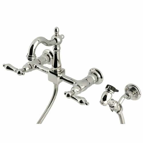 Kingston Brass KS2446ALBS Heritage Double-Handle Wall-Mount Kitchen Faucet with Brass Sprayer, Nickel