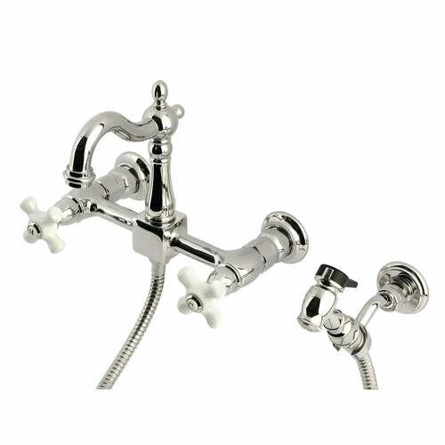 Kingston Brass KS2446PXBS Heritage Double-Handle Wall-Mount Kitchen Faucet with Brass Sprayer, Nickel