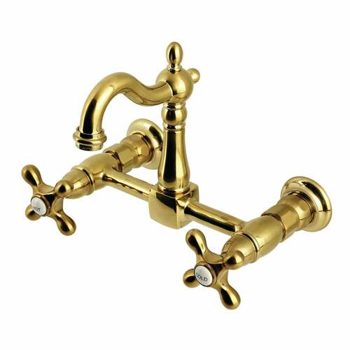 Kingston Brass KS2447AX Heritage Double-Handle Wall-Mount Kitchen Faucet, Brushed Brass