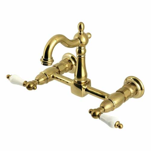 Kingston Brass KS2447PL Heritage Double-Handle Wall-Mount Kitchen Faucet, Brushed Brass