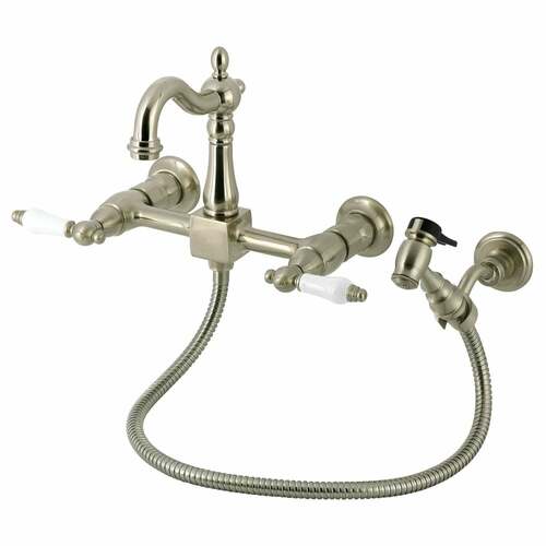 Kingston Brass KS2448PLBS Heritage Double-Handle Wall-Mount Kitchen Faucet with Brass Sprayer, Nickel