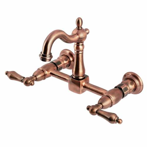 Kingston Brass KS244ALAC Heritage Double-Handle Wall-Mount Bridge Kitchen Faucet, Antique Copper