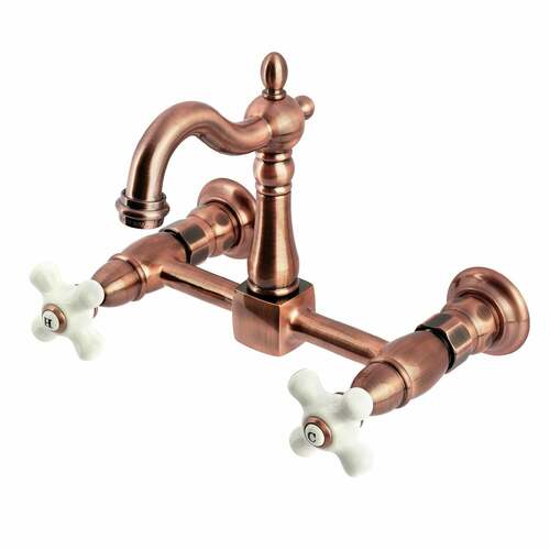 Kingston Brass KS244PXAC Heritage Double-Handle Wall-Mount Bridge Kitchen Faucet, Antique Copper