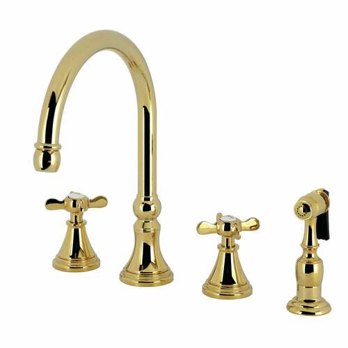Kingston Brass KS2792BEXBS Essex Double-Handle Widespread Kitchen Faucet with Brass Sprayer, Polished Brass