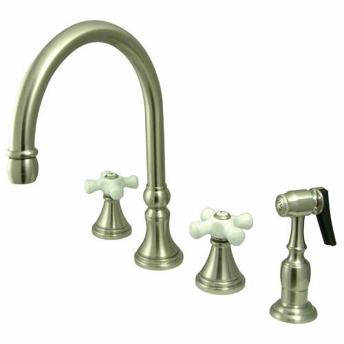 Kingston Brass KS2798PXBS Governor Double-Handle Widespread Kitchen Faucet with Brass Sprayer, Nickel