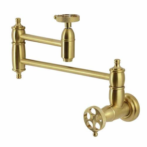 Kingston Brass KS3107RKX Webb Wall-Mount Pot Filler Faucet, Knurled Handle, Brushed Brass