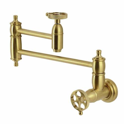 Kingston Brass KS3107RKZ Wendell Wall-Mount Pot Filler Faucet, Knurled Handle, Brushed Brass
