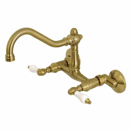 Kingston Brass KS3227PL Vintage Double-Handle Wall-Mount Kitchen Faucet, Brushed Brass