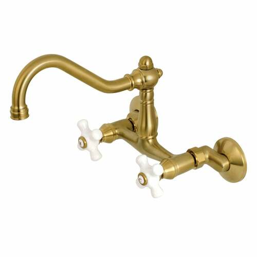 Kingston Brass KS3227PX Vintage Double-Handle Wall-Mount Kitchen Faucet, Brushed Brass