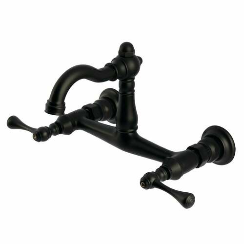 Kingston Brass KS3250BL Vintage Double-Handle Wall-Mount Kitchen Faucet, Matte Black