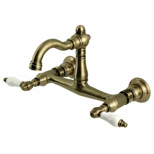 Kingston Brass KS3253PL Vintage Double-Handle Wall-Mount Kitchen Faucet, Antique Brass