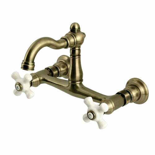 Kingston Brass KS3253PX Vintage Double-Handle Wall-Mount Kitchen Faucet, Antique Brass