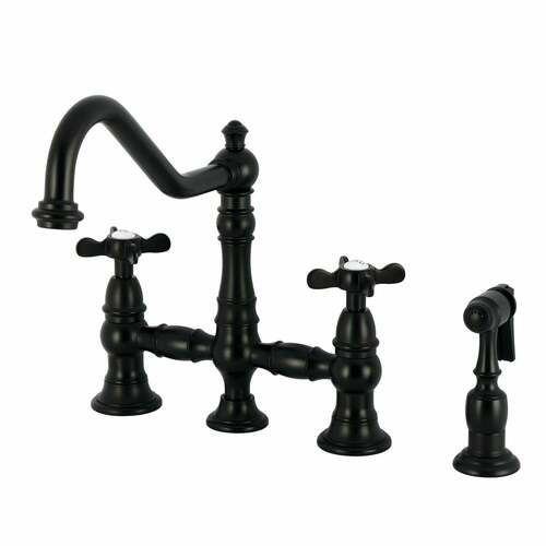 Kingston Brass KS3270BEXBS Essex Matte Black 2-Handle 4-Hole Bridge Kitchen Faucet with Side Sprayer