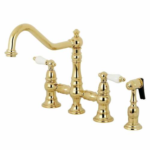 Kingston Brass KS3272PLBS Restoration Bridge Kitchen Faucet with Brass Sprayer, Polished Brass