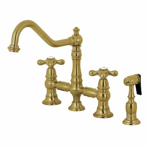 Kingston Brass KS3277AXBS Restoration Bridge Kitchen Faucet with Brass Sprayer, Brushed Brass