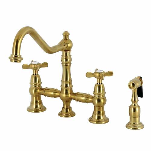 Kingston Brass KS3277BEXBS Essex 2-Handle 4-Hole Bridge Kitchen Faucet with Brass Side Sprayer, Brushed Brass