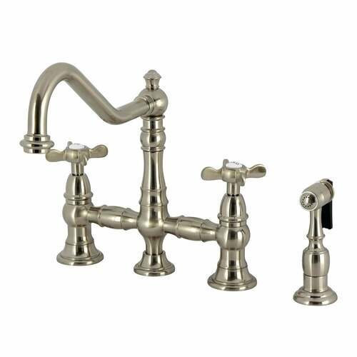 Kingston Brass KS3278BEXBS Essex Brushed Nickel 4-Hole Bridge Kitchen Faucet with Brass Side Sprayer