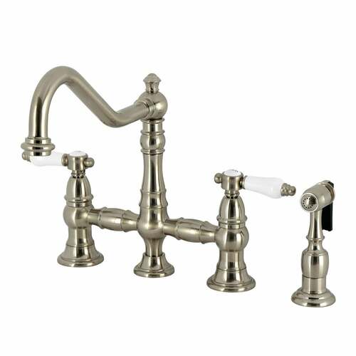 Kingston Brass KS3278BPLBS Bel-Air 2-Handle 4-Hole Bridge Kitchen Faucet with Brass Sprayer, Brushed Nickel