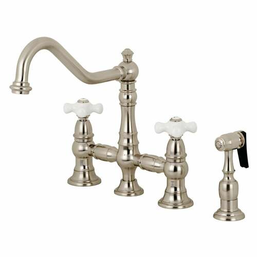Kingston Brass KS3278PXBS Restoration Bridge Kitchen Faucet with Brass Sprayer, Brushed Nickel