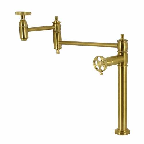 Kingston Brass KS3707RKZ Wendell Brushed Brass Deck Mount Pot Filler Faucet with Knurled Handle