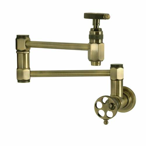 Kingston Brass KS5103RKX Webb Antique Brass Wall Mount Pot Filler Faucet with Knurled Handles
