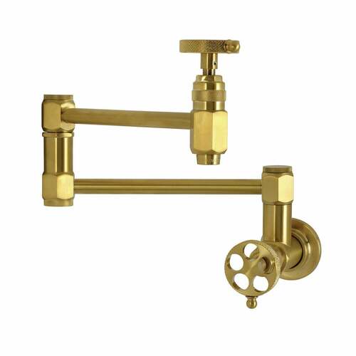 Kingston Brass KS5107RKX Webb Wall Mount Pot Filler Faucet, 2-Handle, Knurled, Brushed Brass