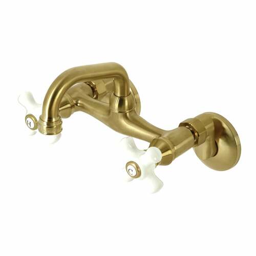 Kingston Brass KS612SB Kingston Double-Handle Wall Mount Bar Faucet, Brushed Brass