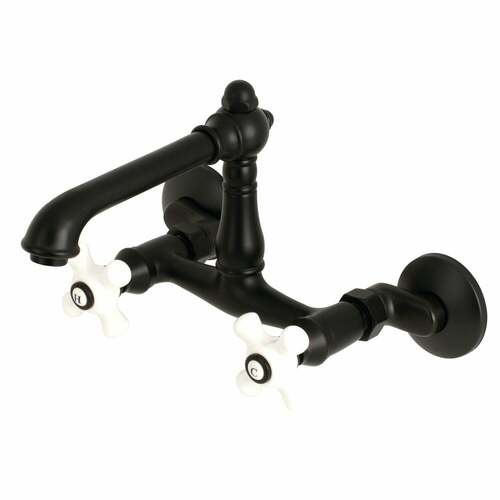 Kingston Brass KS7220PX English Country Matte Black Double-Handle Wall-Mount Kitchen Faucet