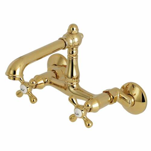 Kingston Brass KS7222AX English Country Double-Handle Wall-Mount Kitchen Faucet, Polished Brass