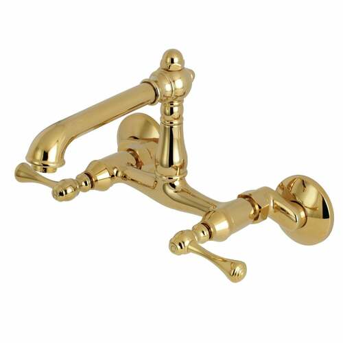 Kingston Brass KS7222BL English Country Double-Handle Wall-Mount Kitchen Faucet, Polished Brass