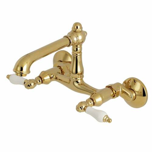 Kingston Brass KS7222PL English Country Double-Handle Wall-Mount Kitchen Faucet, Polished Brass