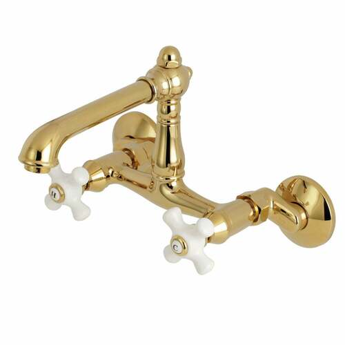 Kingston Brass KS7222PX English Country Double-Handle Wall-Mount Kitchen Faucet, Polished Brass