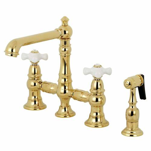 Kingston Brass KS7272PXBS English Country Bridge Kitchen Faucet with Brass Sprayer, Polished Brass