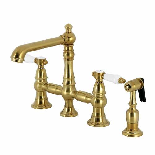 Kingston Brass KS7277BPLBS Bel-Air 2-Handle 4-Hole Deck Mount Kitchen Faucet with Brass Sprayer, Brushed Brass