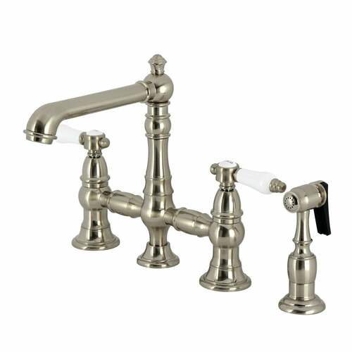 Kingston Brass KS7278BPLBS Bel-Air 2-Handle 4-Hole Deck Mount Kitchen Faucet with Brass Sprayer, Nickel