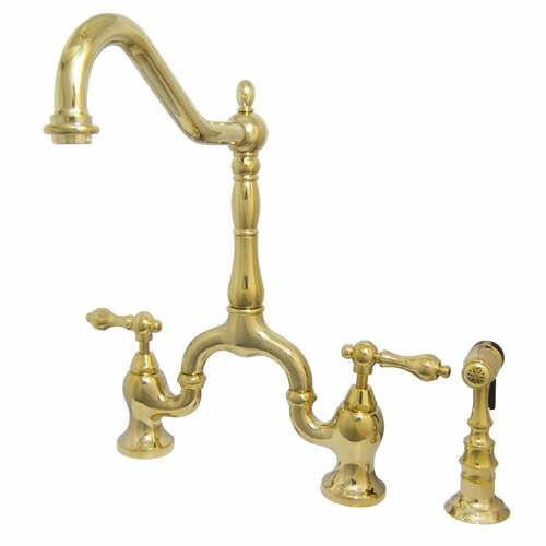 Kingston Brass KS7752ALBS English Country Bridge Kitchen Faucet with Brass Sprayer, Polished Brass