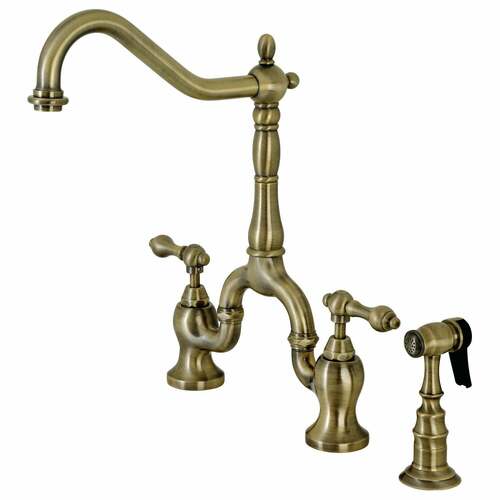 Kingston Brass KS7753ALBS English Country Bridge Kitchen Faucet with Brass Sprayer, Antique Brass