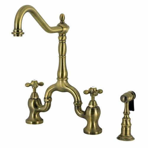 Kingston Brass KS7753AXBS English Country 2-Handle Bridge Kitchen Faucet with Brass Sprayer, Antique Brass