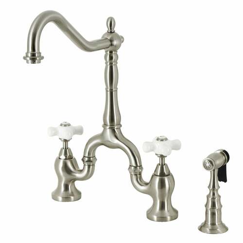 Kingston Brass KS7758PXBS English Country Bridge Kitchen Faucet with Brass Sprayer, Brushed Nickel