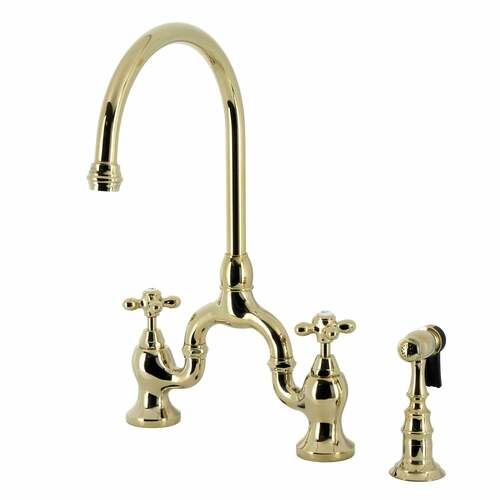 Kingston Brass KS7792AXBS English Country Bridge Kitchen Faucet with Brass Sprayer, Polished Brass