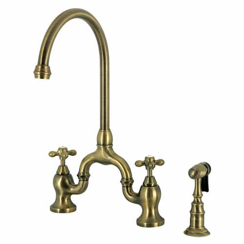 Kingston Brass KS7793AXBS English Country 2-Handle 3-Hole Deck Mount Kitchen Faucet with Side Sprayer, Antique Brass