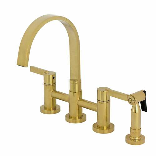 Kingston Brass KS8267CTLBS Continental Bridge Kitchen Faucet with Brass Sprayer, Brushed Brass