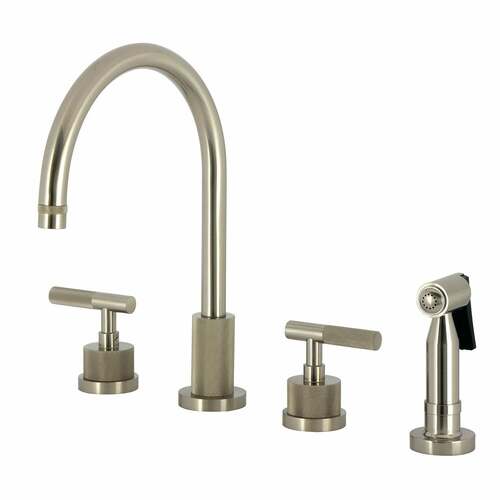 Kingston Brass KS8728KNLBS Convergent Double-Handle 4-Hole Kitchen Faucet with Brass Sprayer, Nickel