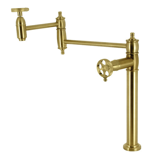 Kingston Brass KS3707RKX Webb Brushed Brass Deck Mount Pot Filler Faucet with Knurled Handle