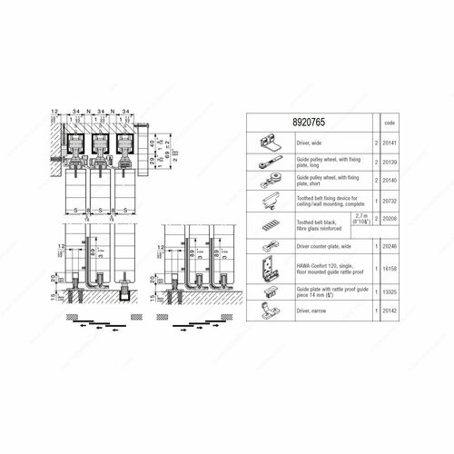 Richelieu 8920765 Hawa Telescopic 80/3 Partial Hardware Set