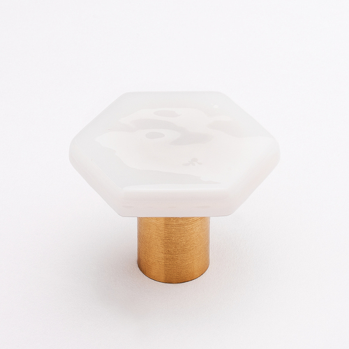 Sietto K-1700-SB Hexagon White Knob with Satin Brass Base
