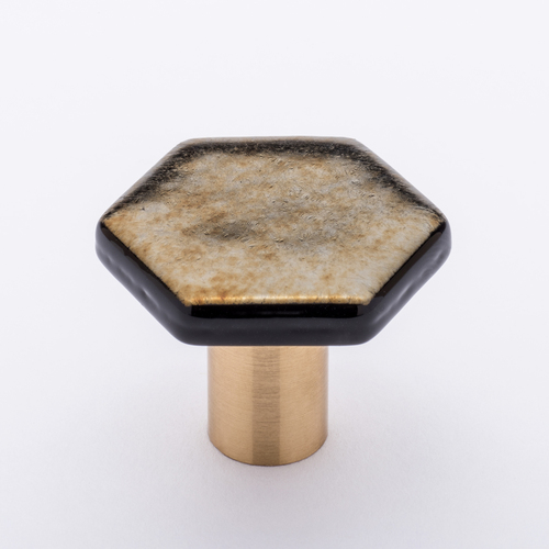 Sietto K-1703-SB Hexagon Irid Gold Black Knob with Satin Brass Base
