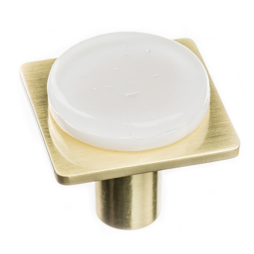 Sietto M-1300-SB Geometric Round White Knob on Satin Brass Square Base